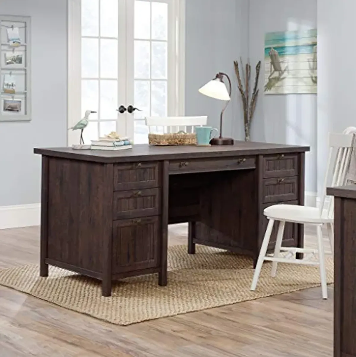 Sauder Costa Office Desk with Drawers, Executive Desk with File Drawer Storage, in Coffee Oak