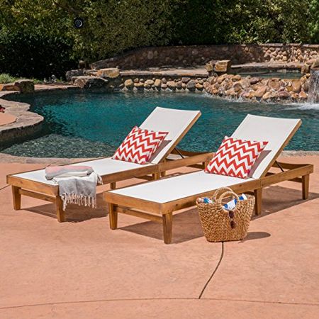 Christopher Knight Home Shiny Outdoor Wood Chaise Lounge (Set of 2), Teak Finish/White Mesh