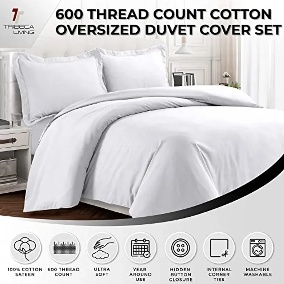 Tribeca Living Egyptian Cotton King Duvet Cover Set, 3pc Oversized Plain Bedding Set Includes King Duvet Cover And Two Sham Pillowcases, 600 Thread Count, White