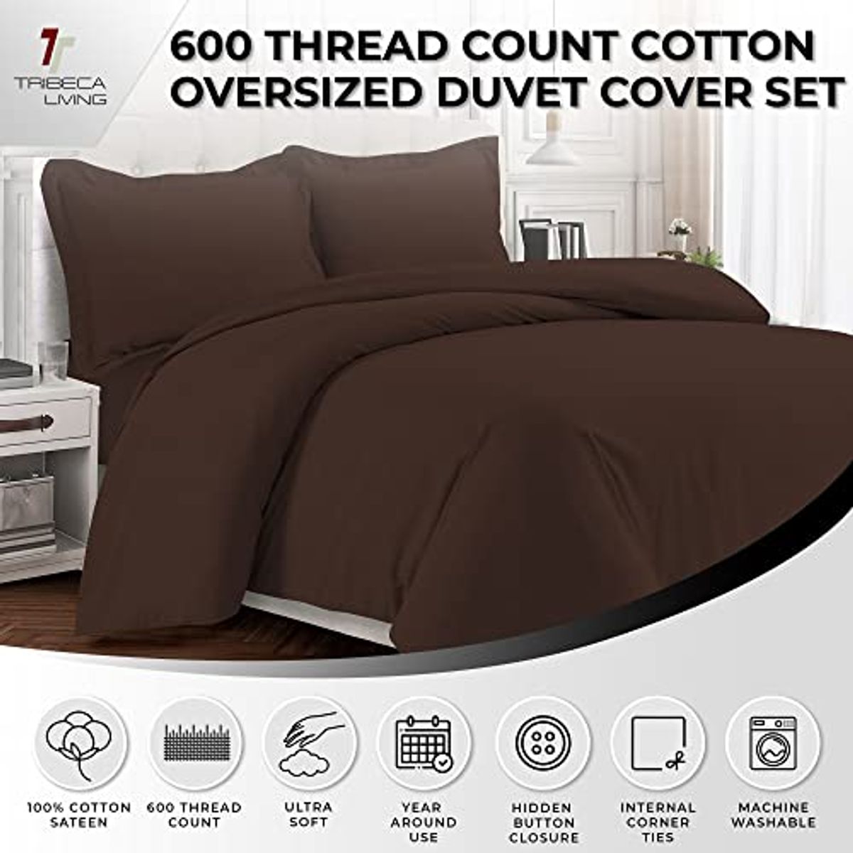 Tribeca Living Egyptian Cotton King Duvet Cover Set, 3pc Oversized Plain Bedding Set Includes King Duvet Cover And Two Sham Pillowcases, 600 Thread Count, Chocolate