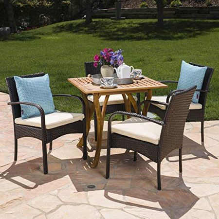 Christopher Knight Home Derek Outdoor 5 Piece Acacia Wood/Wicker Dining Set with Cushions, Teak Finish and Multibrown with Crème