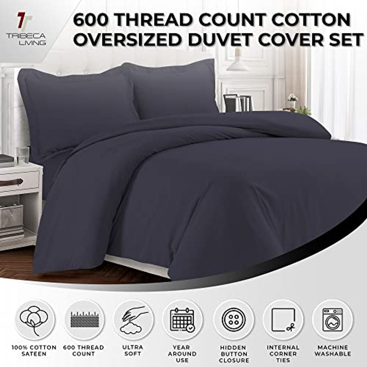 Tribeca Living Egyptian Cotton Queen Duvet Cover Set, 3pc Oversized Plain Bedding Set Includes King Duvet Cover And Two Sham Pillowcases, 600 Thread Count, Steel