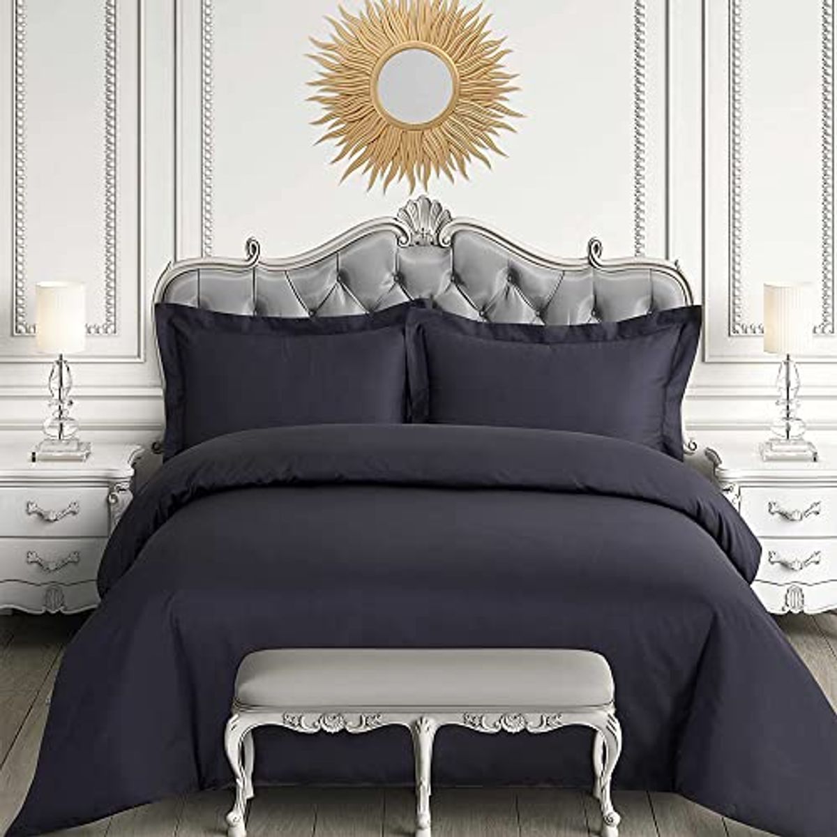 Tribeca Living Egyptian Cotton Queen Duvet Cover Set, 3pc Oversized Plain Bedding Set Includes King Duvet Cover And Two Sham Pillowcases, 600 Thread Count, Steel