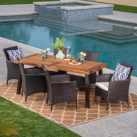Christopher Knight Home Randy | Outdoor 7-Piece Acacia Wood and Wicker Dining Set with Cushions | Teak Finish | in Multibrown/Beige, Rustic Metal