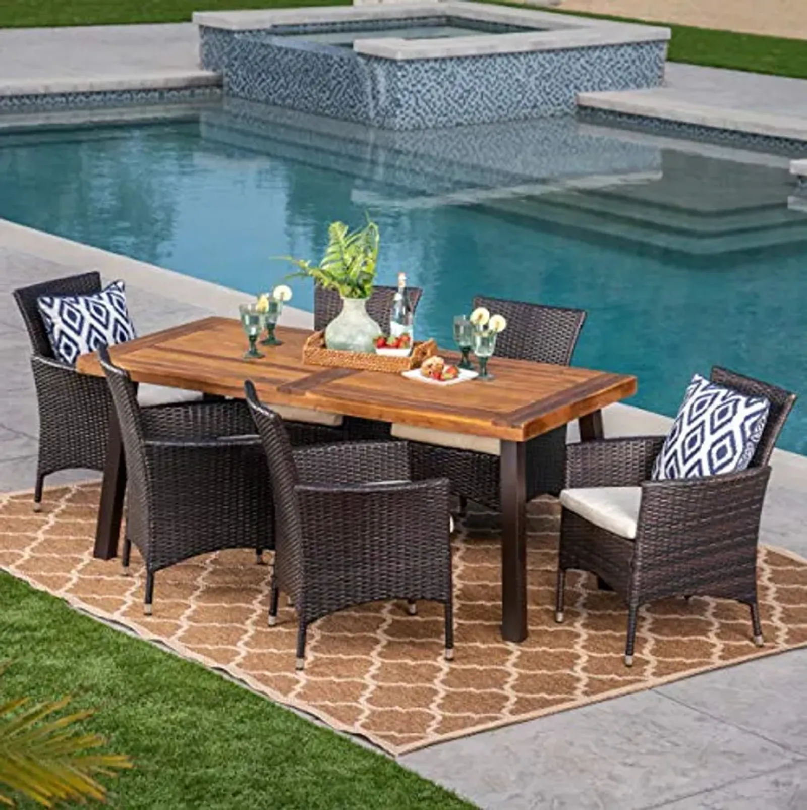 Christopher Knight Home Randy | Outdoor 7-Piece Acacia Wood and Wicker Dining Set with Cushions | Teak Finish | in Multibrown/Beige, Rustic Metal