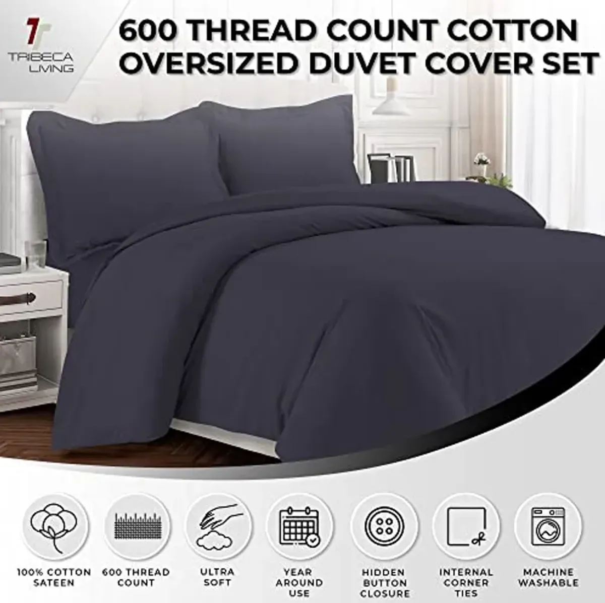 Tribeca Living Egyptian Cotton King Duvet Cover Set, 3pc Oversized Plain Bedding Set Includes King Duvet Cover And Two Sham Pillowcases, 600 Thread Count, Steel