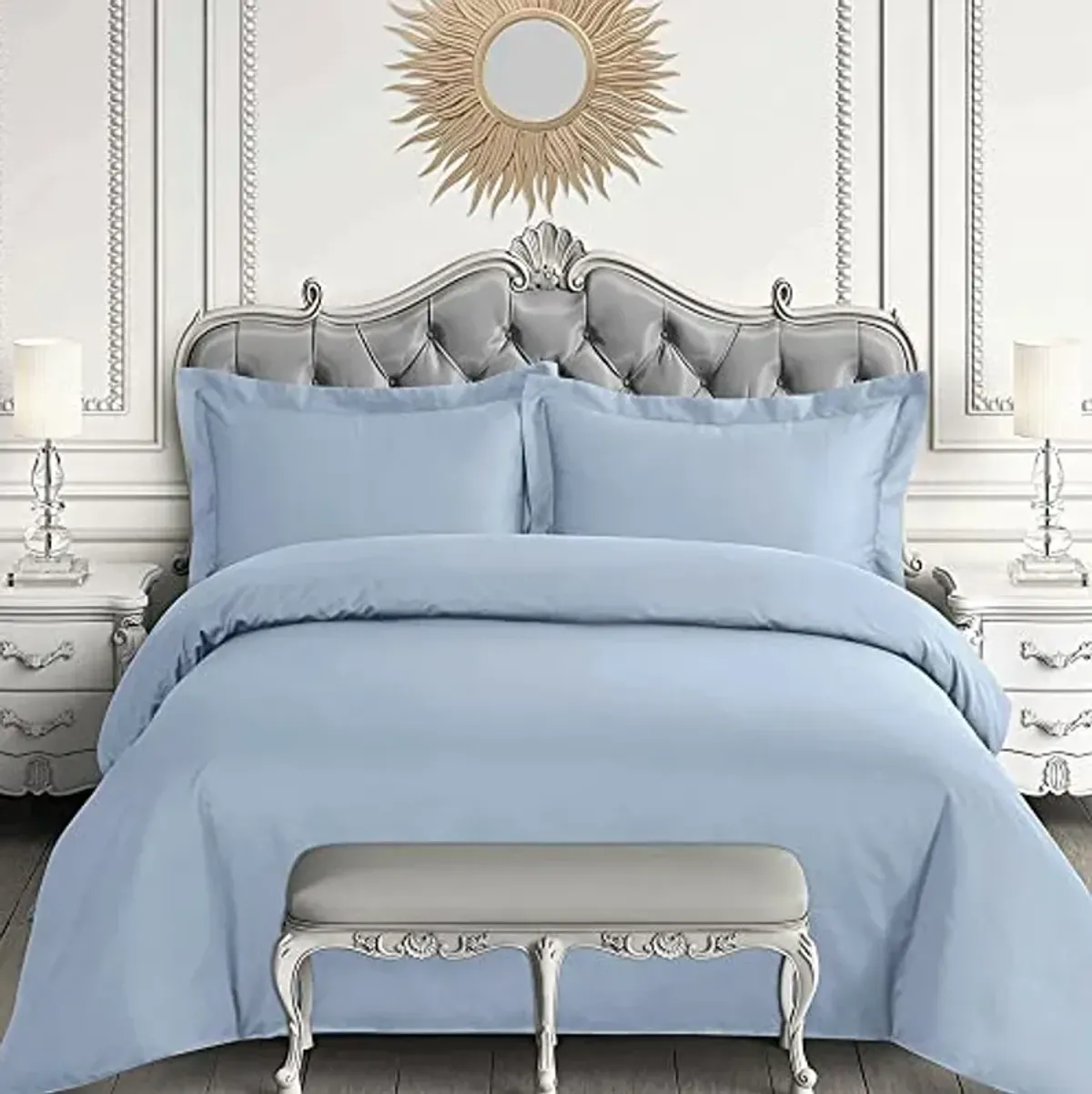 Tribeca Living Egyptian Cotton Queen Duvet Cover Set, 3pc Oversized Plain Bedding Set Includes King Duvet Cover And Two Sham Pillowcases, 600 Thread Count, Sky Blue