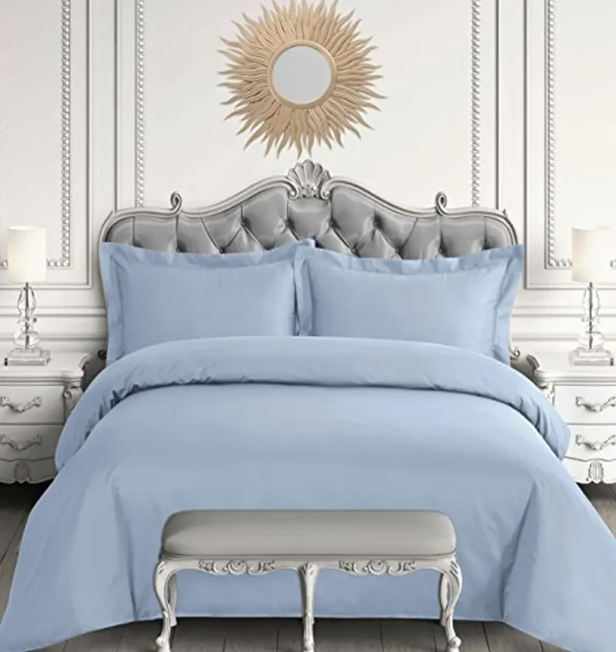 Tribeca Living Egyptian Cotton Queen Duvet Cover Set, 3pc Oversized Plain Bedding Set Includes King Duvet Cover And Two Sham Pillowcases, 600 Thread Count, Sky Blue