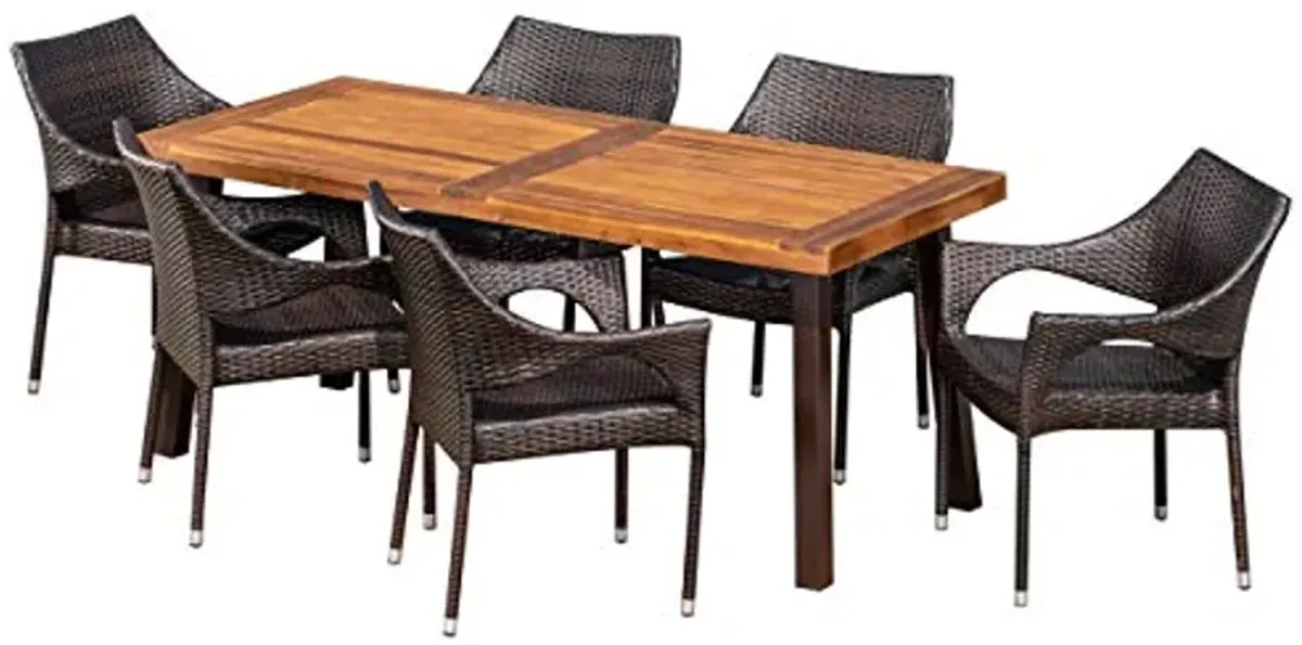 Christopher Knight Home Jerome Outdoor 7-Piece Acacia Wood/Wicker Dining Set | with Teak Finish | in Multibrown, Rustic Metal