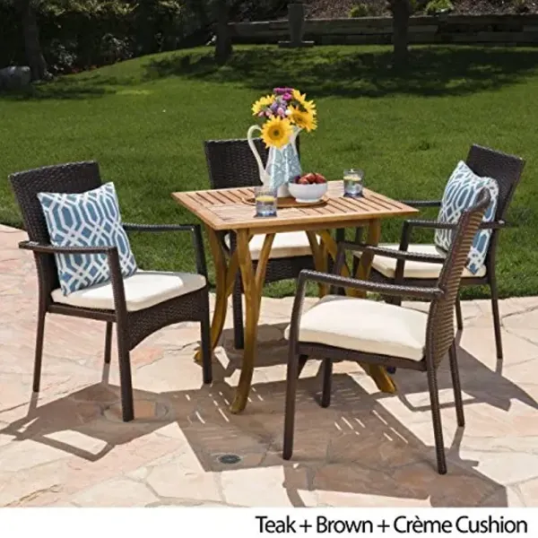 Christopher Knight Home Alva Outdoor 5 Piece Acacia Wood/Wicker Dining Set with Cushions, Teak Finish and Brown with Crème