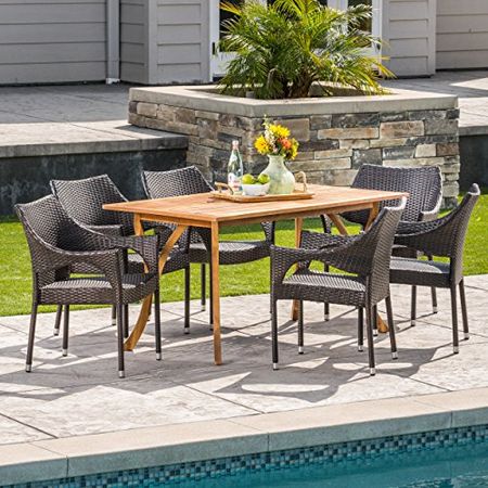 Christopher Knight Home Zoey | Outdoor 7-Piece Acacia Wood/Wicker Dining Set | with Teak Finish | in Multibrown