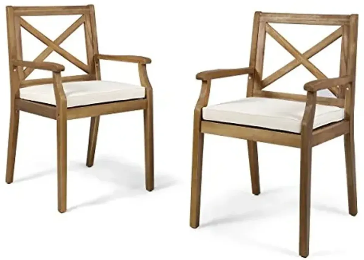Christopher Knight Home Peter | Outdoor Acacia Wood Dining Chair Set of 2, Teak/Cream Cushion