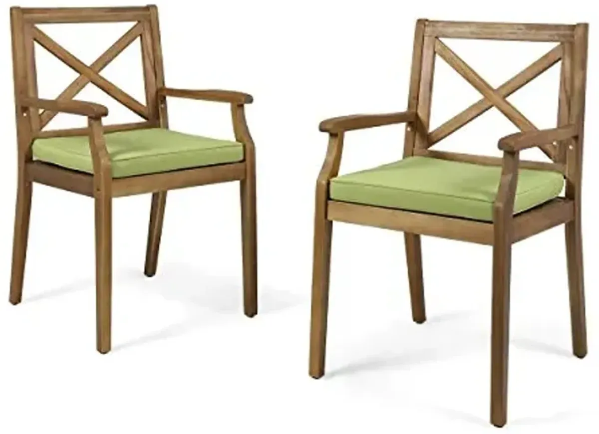 Christopher Knight Home Peter | Outdoor Acacia Wood Dining Chair Set of 2, Teak/Green Cushion