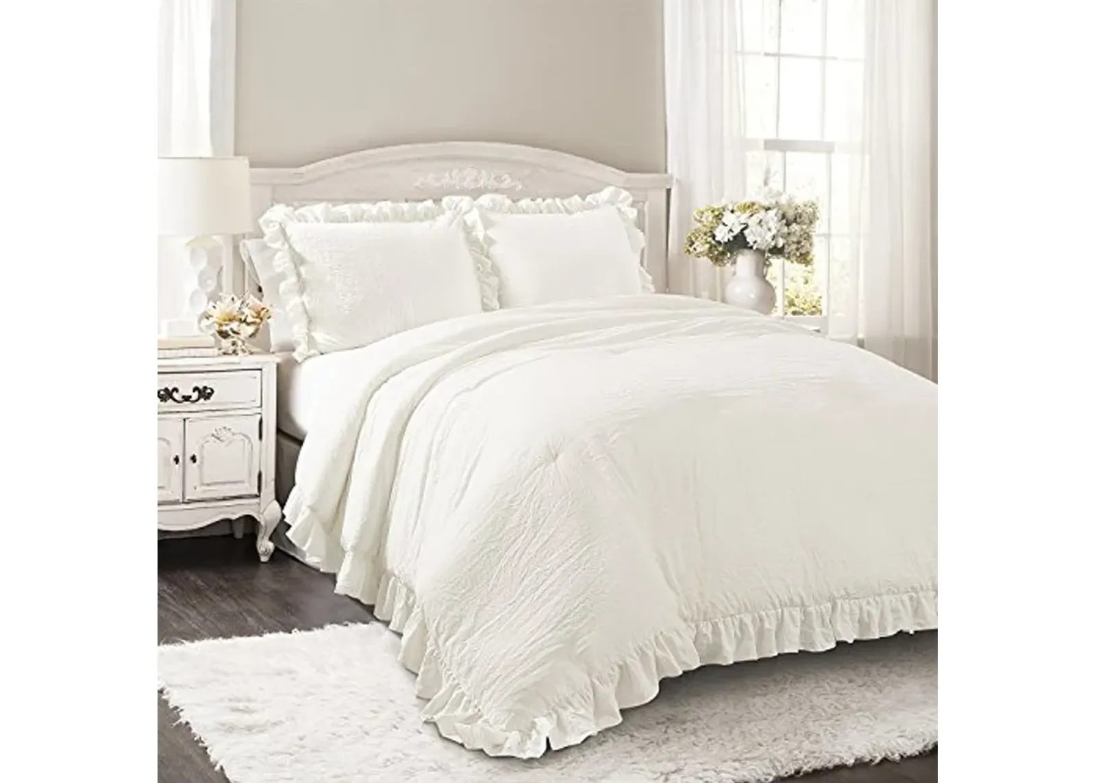 Lush Decor Reyna Ruffle Comforter Set - 2 Piece Cozy Ruffled Bedding Set - Timeless Elegance and Comfort for Dorm Room - Twin XL, White