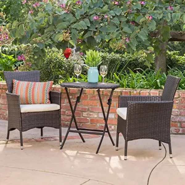 Christopher Knight Home Malaga Outdoor Wicker Bistro Set with Water Resistant Cushions, 3-Pcs Set, Multibrown / Beige
