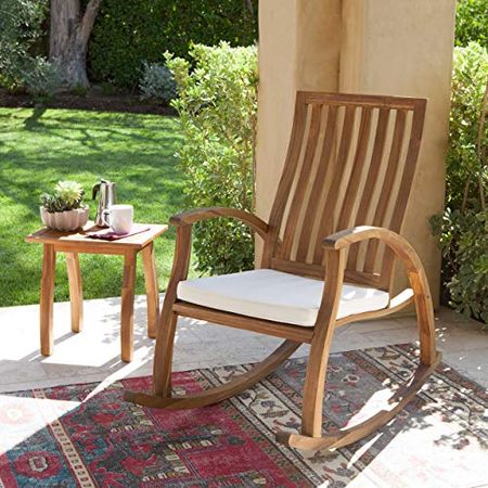 GDFStudio Caleb Outdoor Acacia Wood Rocking Chair with Water Resistant Cushion (Natural Stained/Cream)