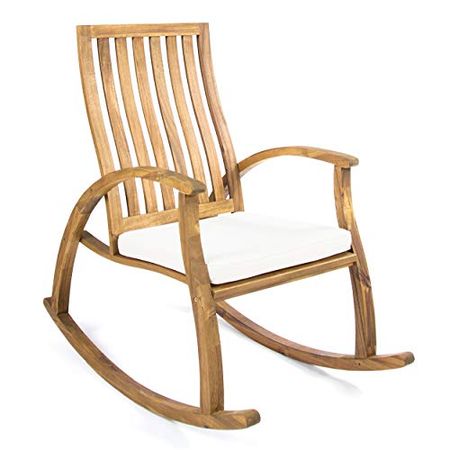 GDFStudio Caleb Outdoor Acacia Wood Rocking Chair with Water Resistant Cushion (Natural Stained/Cream)