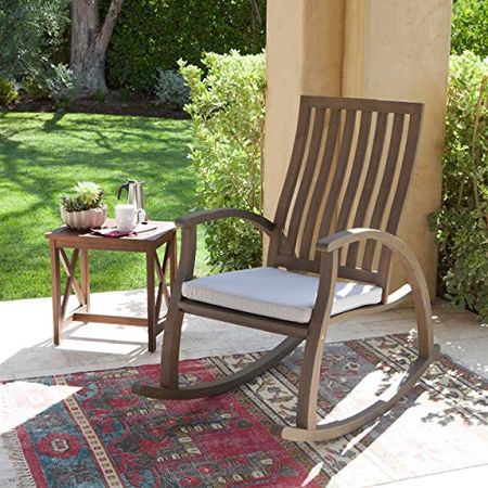 Christopher Knight Home Cayo Outdoor Acacia Wood Rocking Chair with Water Resistant Cushion, Grey Finish / Grey