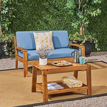 Christopher Knight Home Grenada Outdoor Acacia Wood Loveseat and Coffee Table Set with Water Resistant Cushions, Teak Finish / Blue