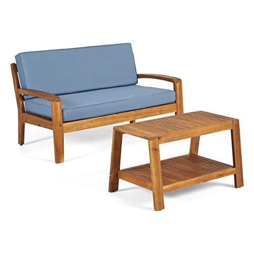 Christopher Knight Home Grenada Outdoor Acacia Wood Loveseat and Coffee Table Set with Water Resistant Cushions, Teak Finish / Blue