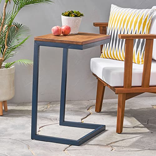 Christopher Knight Home Kora Outdoor Firwood C-Shaped Accent Table, Antique / Black With Blue