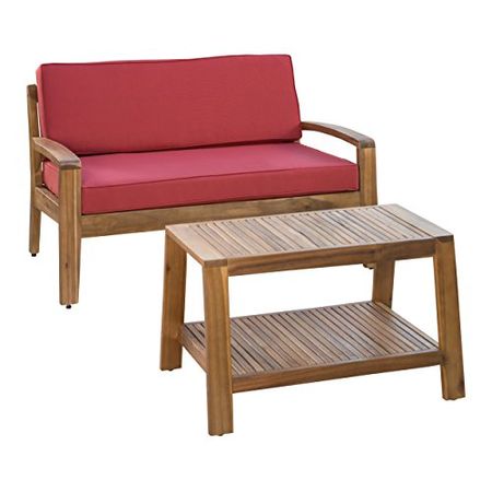 Christopher Knight Home Grenada Outdoor Acacia Wood Loveseat and Coffee Table Set with Water Resistant Cushions, Teak Finish / Red