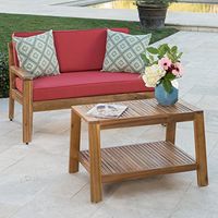 Christopher Knight Home Grenada Outdoor Acacia Wood Loveseat and Coffee Table Set with Water Resistant Cushions, Teak Finish / Red