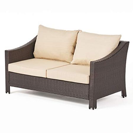 Christopher Knight Home Antibes Outdoor Wicker Loveseat and Table Set with Water Resistant Cushions, 2-Pcs Set, Multibrown / Beige