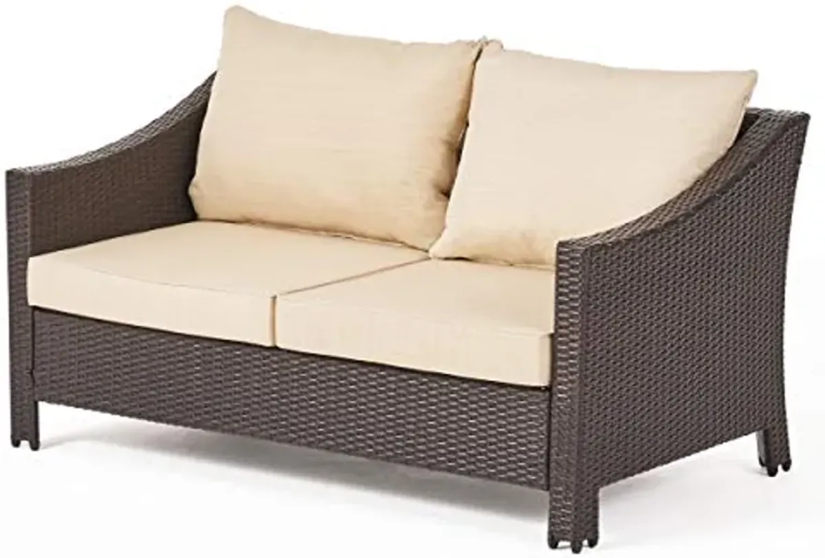 Christopher Knight Home Antibes Outdoor Wicker Loveseat and Table Set with Water Resistant Cushions, 2-Pcs Set, Multibrown / Beige