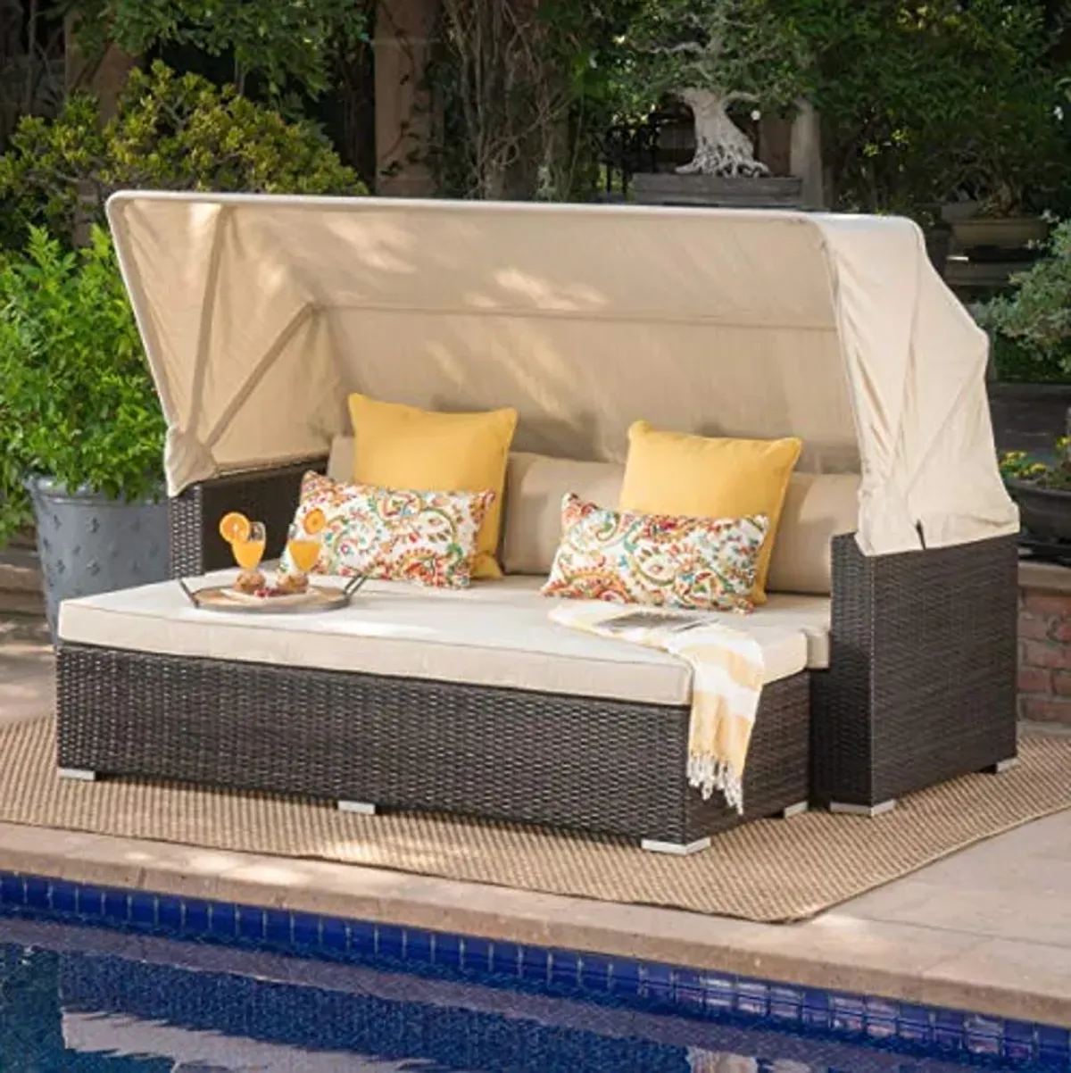 Christopher Knight Home Glaros Outdoor Aluminum Framed Wicker Sofa/Daybed with Water Resistant Canopy and Cushions, Multibrown / Beige