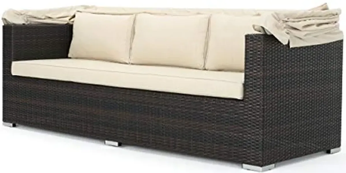 Christopher Knight Home Glaros Outdoor Aluminum Framed Wicker Sofa/Daybed with Water Resistant Canopy and Cushions, Multibrown / Beige