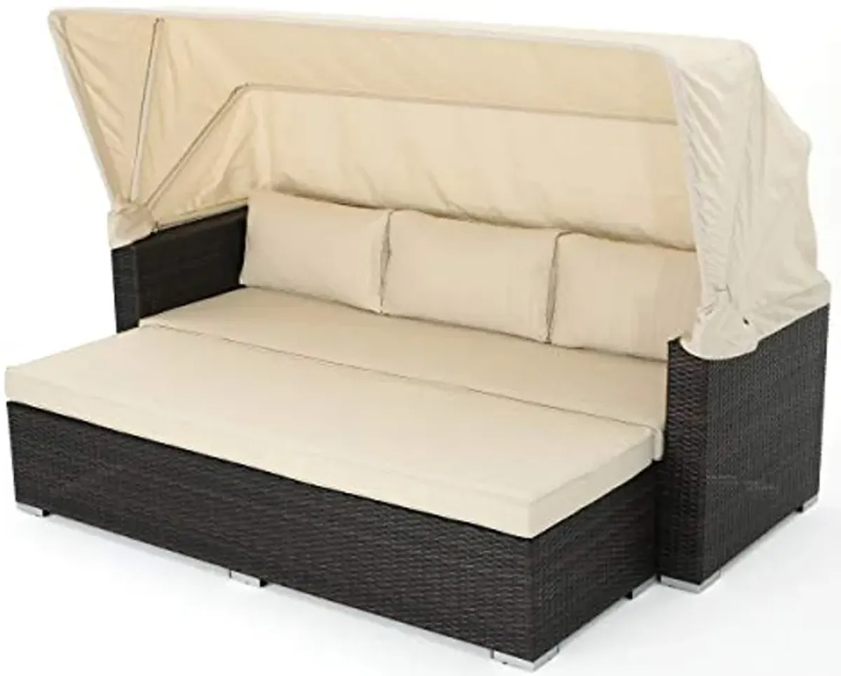 Christopher Knight Home Glaros Outdoor Aluminum Framed Wicker Sofa/Daybed with Water Resistant Canopy and Cushions, Multibrown / Beige