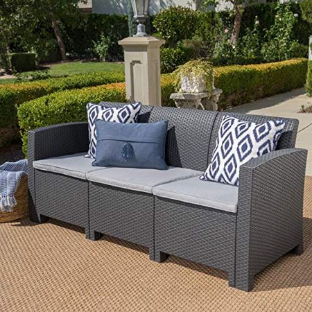 Christopher Knight Home St. Lucia Outdoor 3-Seater Faux Wicker Rattan Style Sofa with Water Resistant Cushions, Charcoal / Light Grey
