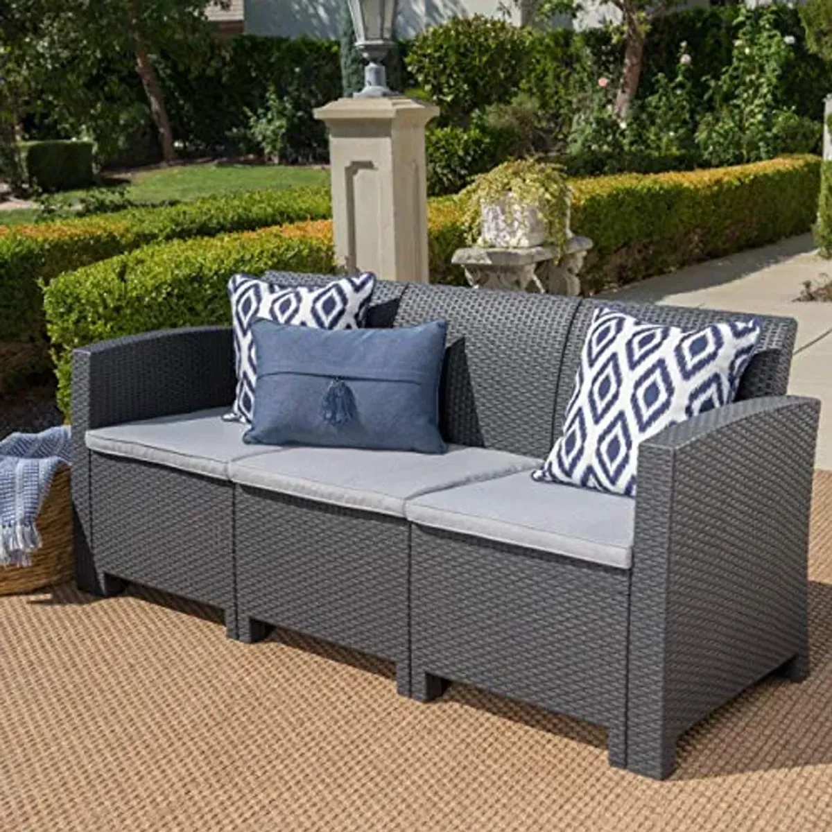 Christopher Knight Home St. Lucia Outdoor 3-Seater Faux Wicker Rattan Style Sofa with Water Resistant Cushions, Charcoal / Light Grey