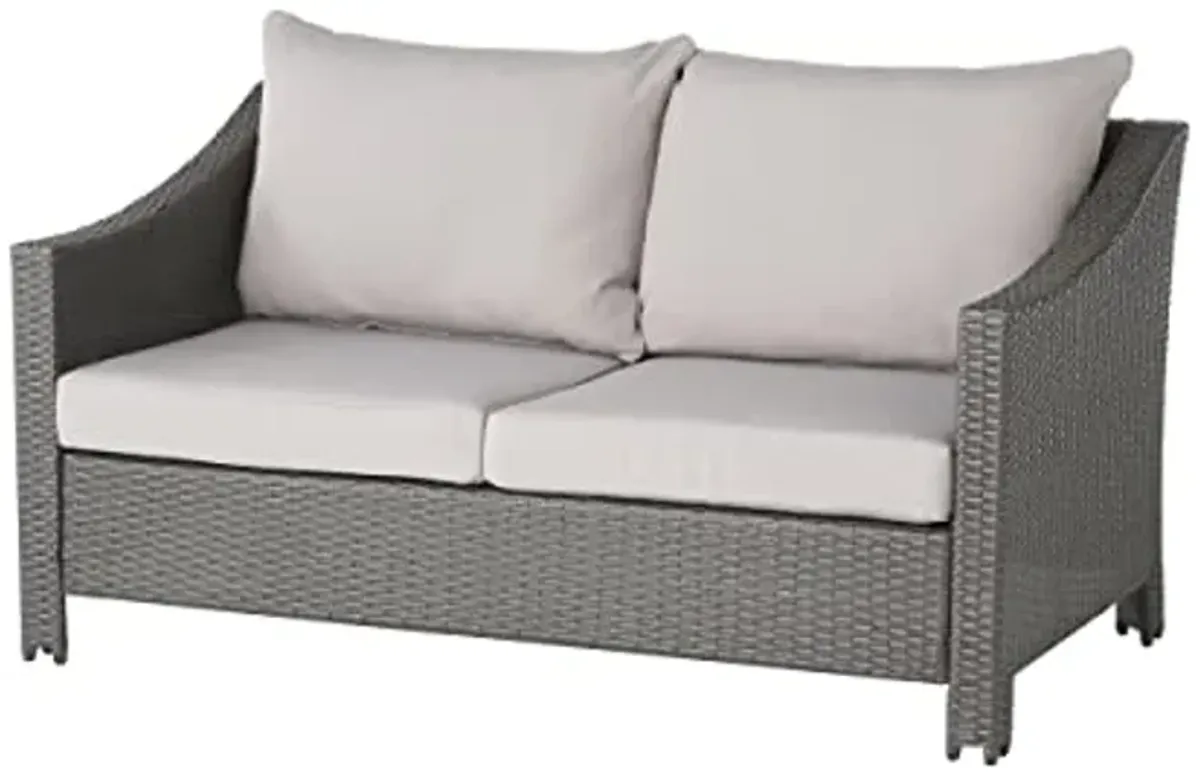 Christopher Knight Home Antibes Outdoor Wicker Loveseat and Table Set with Water Resistant Cushions, 2-Pcs Set, Grey / Silver