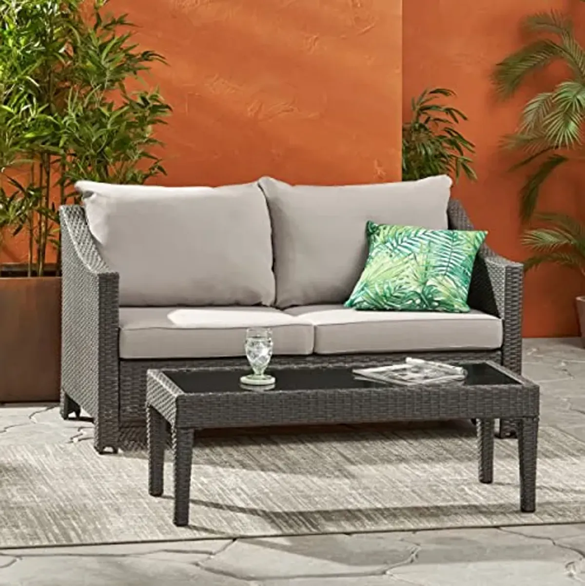 Christopher Knight Home Antibes Outdoor Wicker Loveseat and Table Set with Water Resistant Cushions, 2-Pcs Set, Grey / Silver