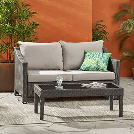 Christopher Knight Home Antibes Outdoor Wicker Loveseat and Table Set with Water Resistant Cushions, 2-Pcs Set, Grey / Silver
