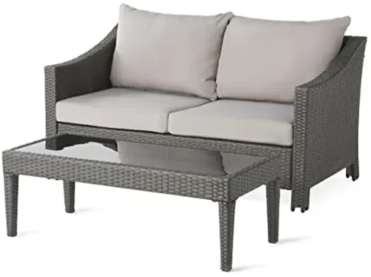 Christopher Knight Home Antibes Outdoor Wicker Loveseat and Table Set with Water Resistant Cushions, 2-Pcs Set, Grey / Silver