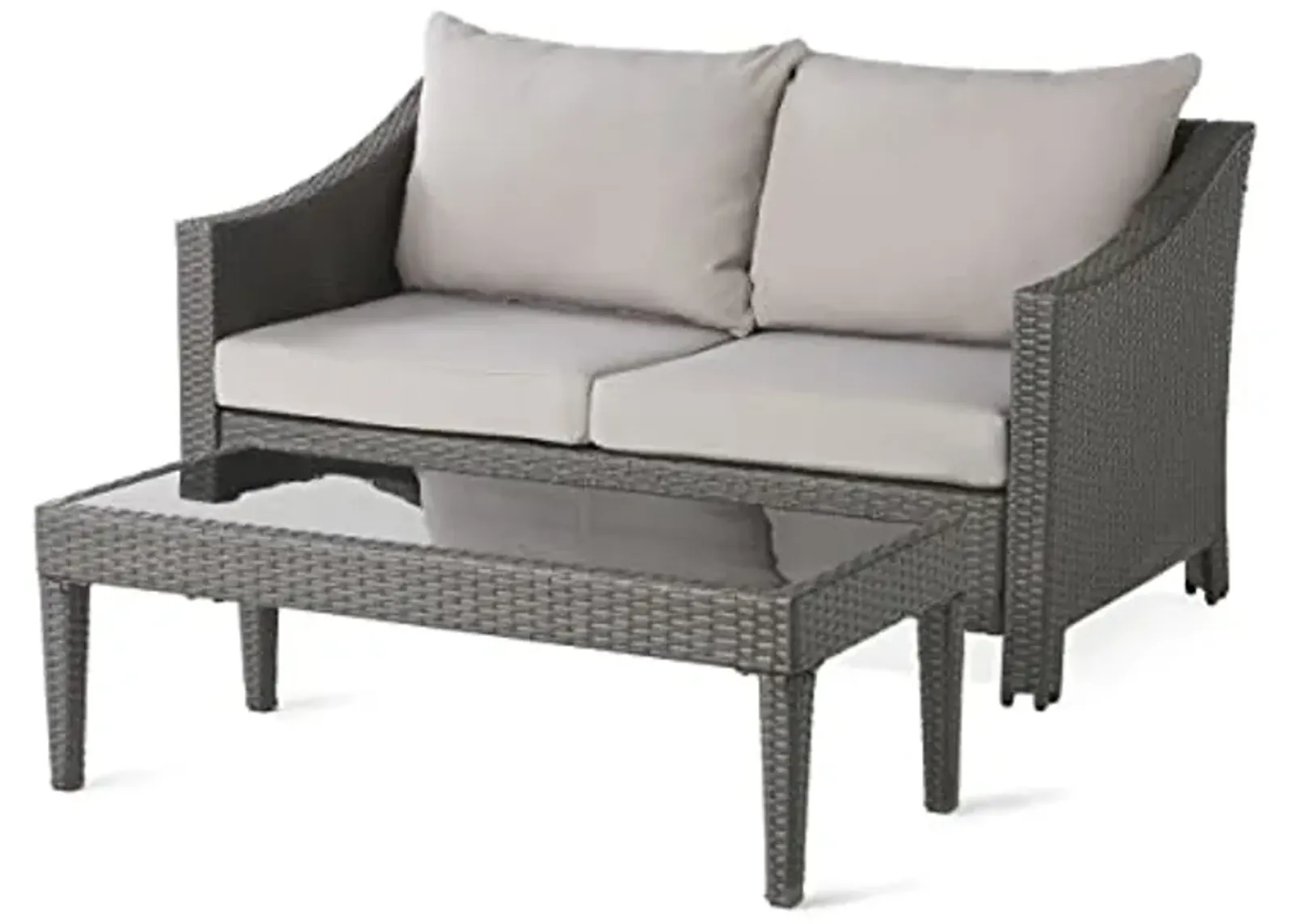 Christopher Knight Home Antibes Outdoor Wicker Loveseat and Table Set with Water Resistant Cushions, 2-Pcs Set, Grey / Silver