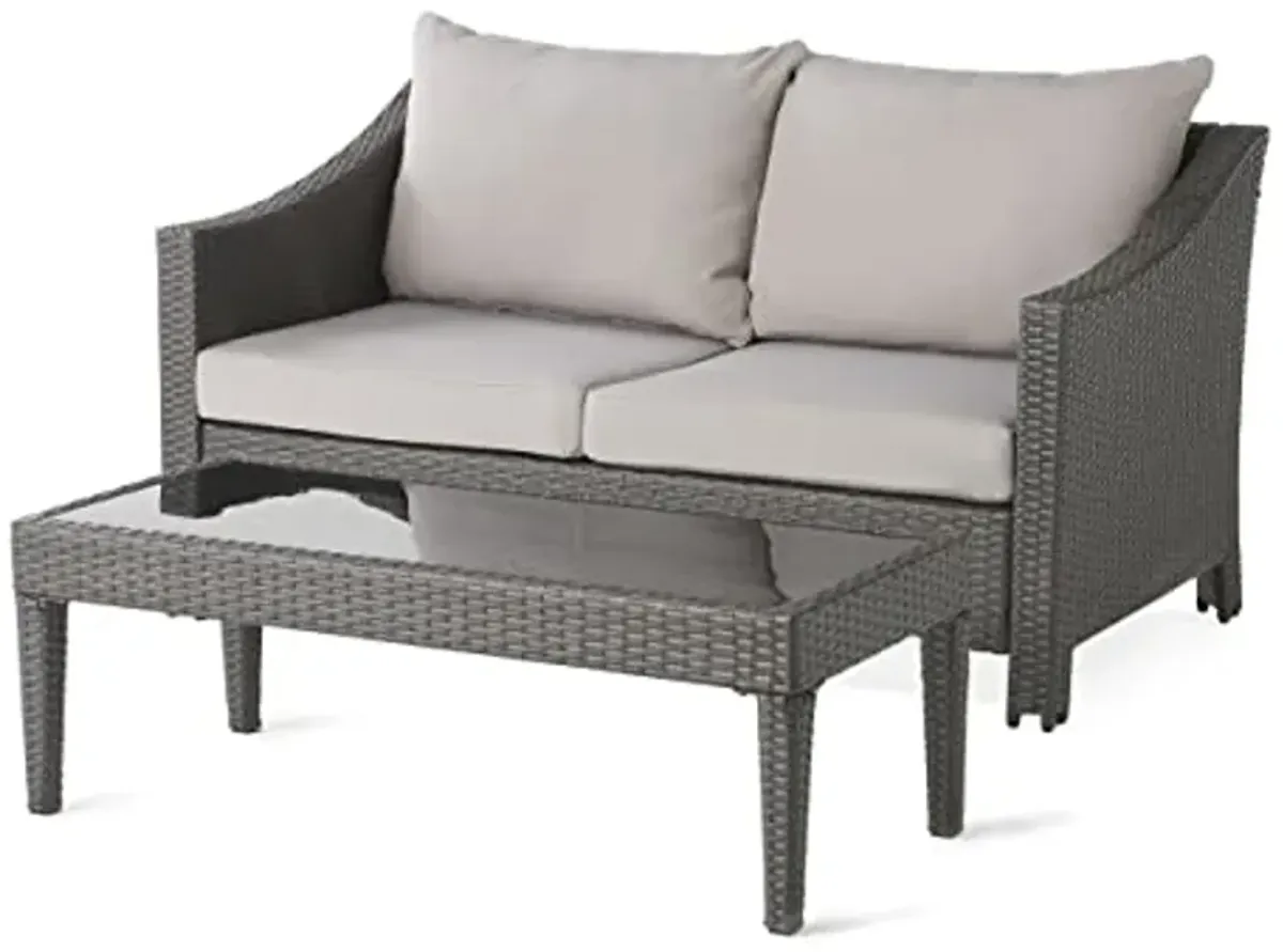 Christopher Knight Home Antibes Outdoor Wicker Loveseat and Table Set with Water Resistant Cushions, 2-Pcs Set, Grey / Silver