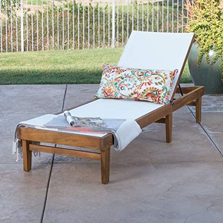 Christopher Knight Home Summerland Outdoor Mesh Chaise Lounge with Acacia Wood Frame, Teak Finish / White Mesh