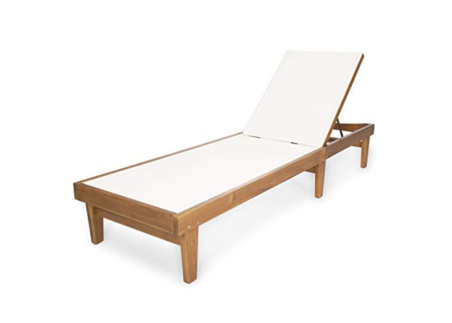 Christopher Knight Home Summerland Outdoor Mesh Chaise Lounge with Acacia Wood Frame, Teak Finish / White Mesh