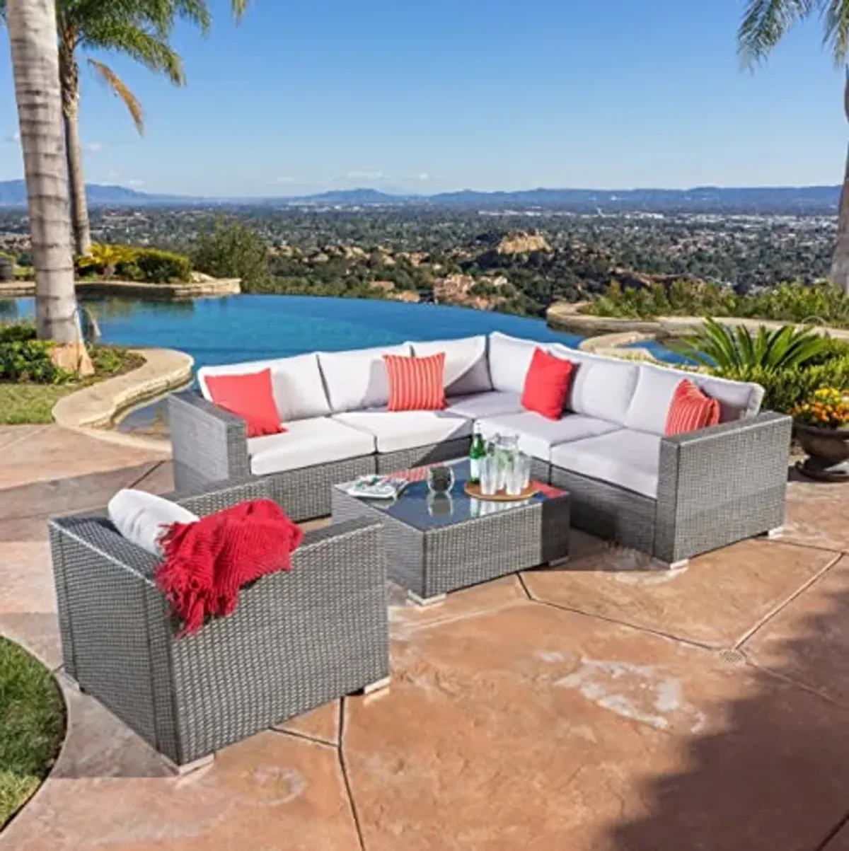 Christopher Knight Home Santa Rosa Outdoor Wicker 6-Seater Sectional Sofa Set with Aluminum Frame and Water Resistant Cushions, 7-Pcs Set, Grey / Silver Grey