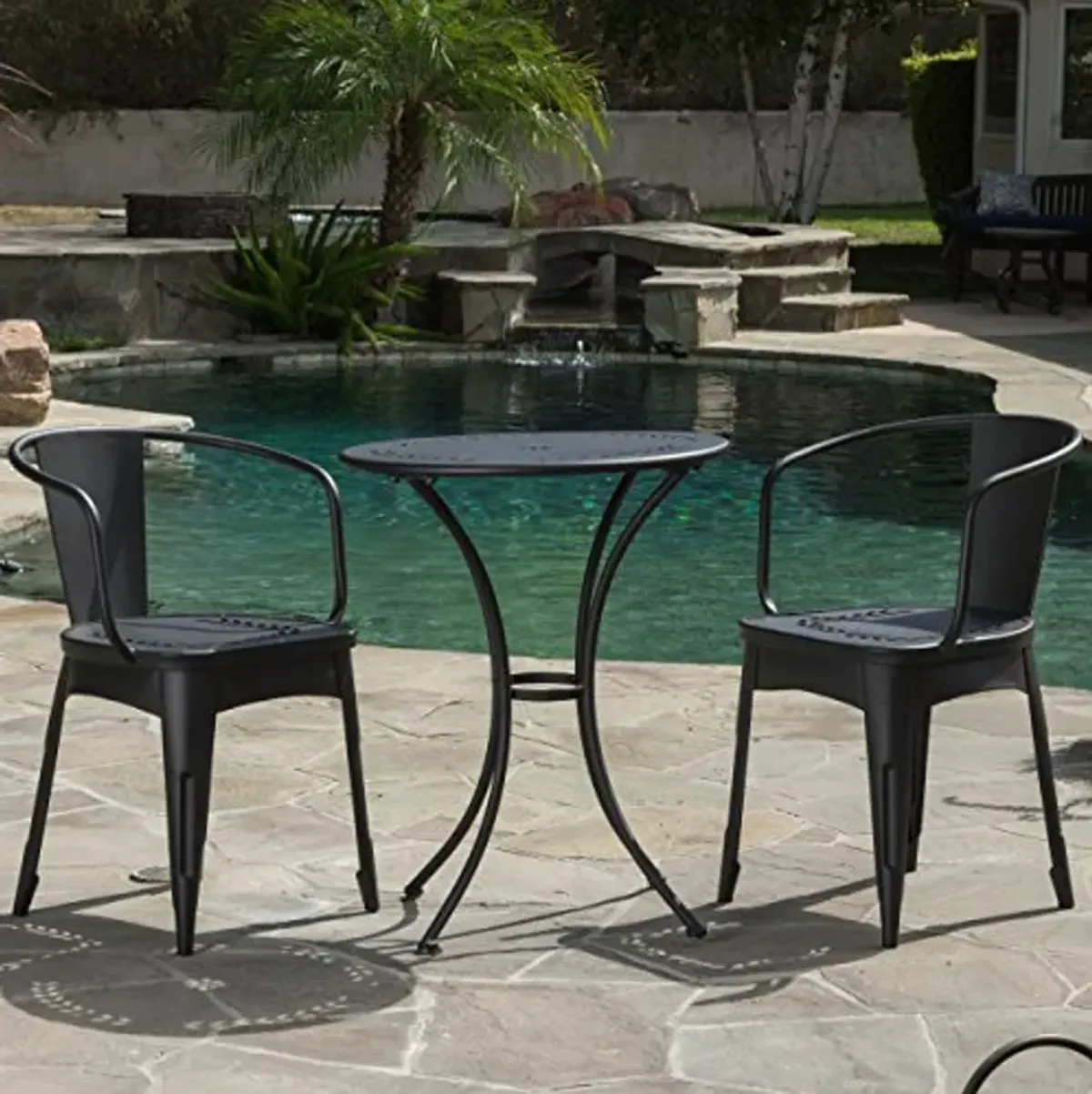 Christopher Knight Home Lourdes Outdoor Metal Bistro Set, 3-Pcs Set, Black Sand