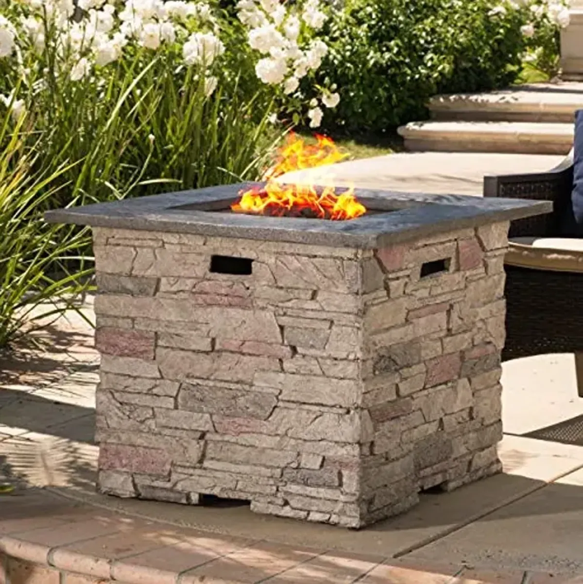 Hoonah Outdoor 40,000 BTU Lightweight Concrete Fire Pit Table, 32", Natural Stone / Grey