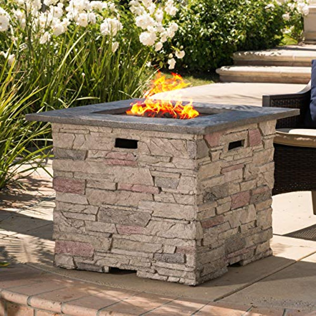 Christopher Knight Home 296661 Hoonah Outdoor 40,000 BTU Lightweight Concrete Fire Pit Table, 32", Natural Stone and Grey Top