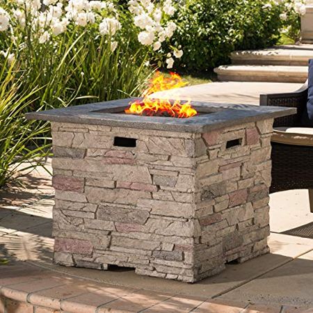 Christopher Knight Home Hoonah Stone Square MGO Fire Pit with Top - 40,000 BTU, 32", Natural Stone / Grey Top