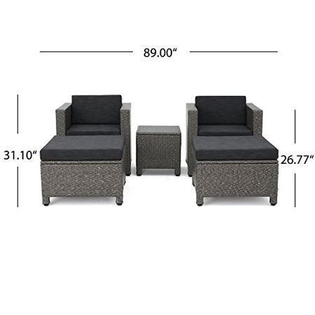 Christopher Knight Home Puerta Outdoor Wicker Chat Set with Water Resistant Fabric Cushions, 5-Pcs Set, Mix Black / Dark Gray