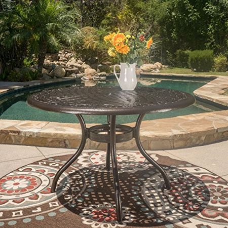 Christopher Knight Home Phoenix Cast Aluminum Round Table, Hammered Bronze, Dimensions: 47.75”L x 47.75”W x 30.00”H