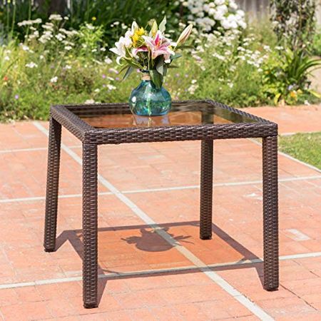 Christopher Knight Home San Pico Outdoor Square Wicker Dining Table with Tempered Glass Top, Multibrown